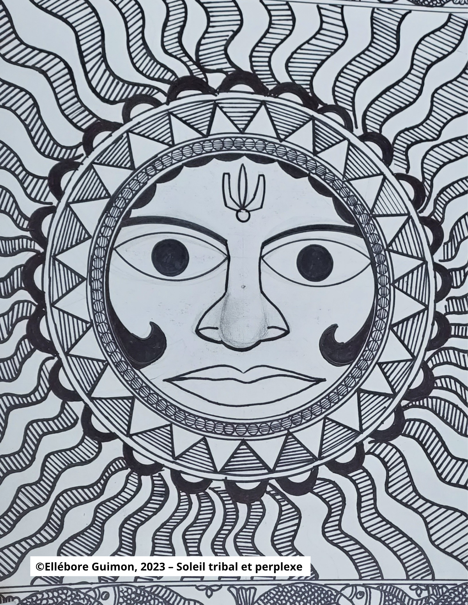 Tribal art representing the sun, black and white