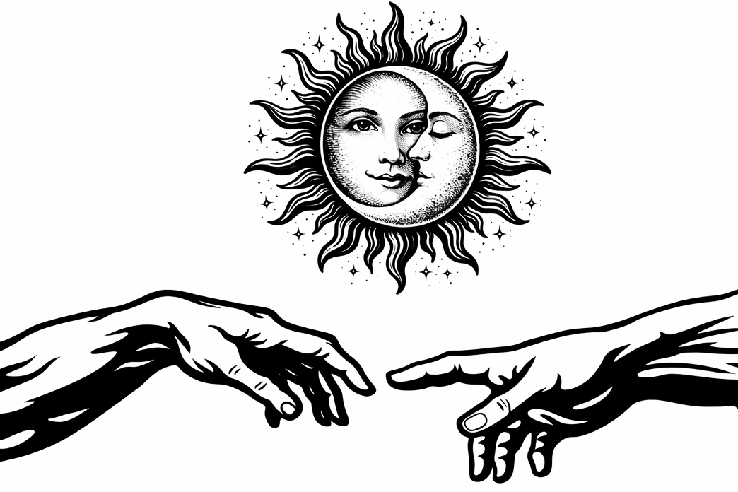 Black and white linocut-style icon inspired by Michelangelo’s Creation of Adam, with two hands almost touching beneath a symbolic sun and moon representing unity and non-duality.