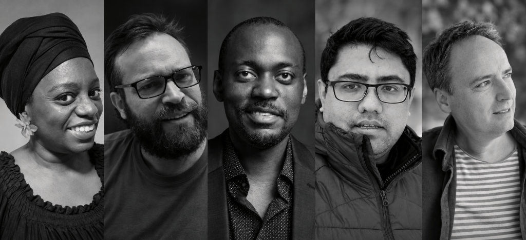 Black-and-white composite portrait of the five founding participants of the Polymath Circle, shown side by side: Murielle Mobengo, David Capps, Loïc Yengo, Sourav Sengupta and Valentin Gerlier. Each occupies an equal vertical panel, forming a unified group portrait.
